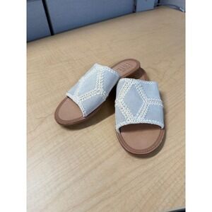 FRYE Women's Slip On Mules‎ Sandals Slides Blue Cream Crochet Detail Size 7